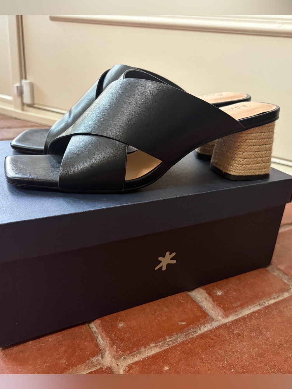 Splendid Black Leather Crisscross Mule Sandals with Woven Block Heel